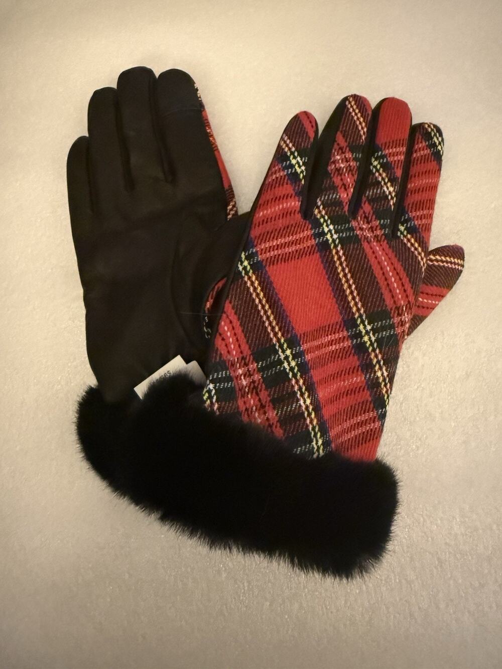 NWT Talbots Red Tartan Plaid Gloves Leather Faux Fur Wool Cashmere L
